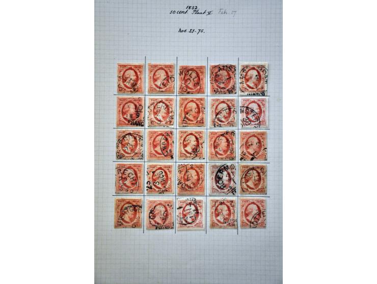 Complete plaatreconstructie van de 10 cent rood plaat V w.b. halfrond-francostempels in over het algemeen nette kwaliteit