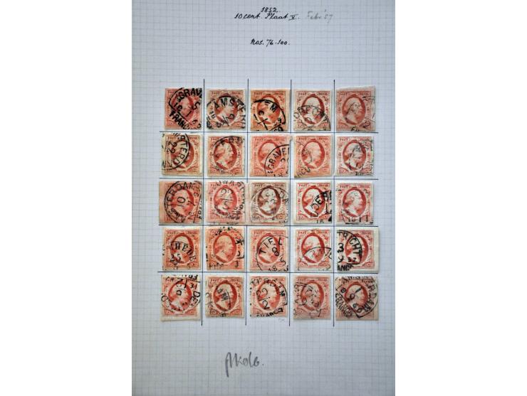 Complete plaatreconstructie van de 10 cent rood plaat V w.b. halfrond-francostempels in over het algemeen nette kwaliteit