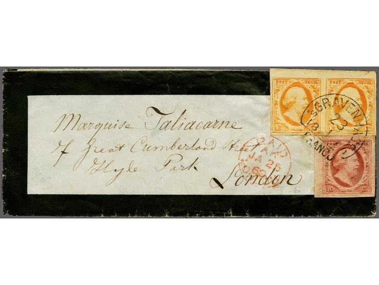 10 cent rood plaat V pos. 6 met velrand en 15 cent donkeroranje pos. 77-78 in paar met velrand op kleinformaat envelop van De