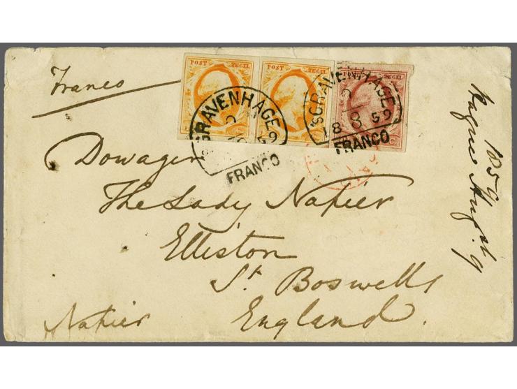 10 cent rood plaat V pos. 91 en 15 cent donkeroranje pos. 64-65 in paar op envelop van Den Haag 9-8-1859 naar Elliston Saint 