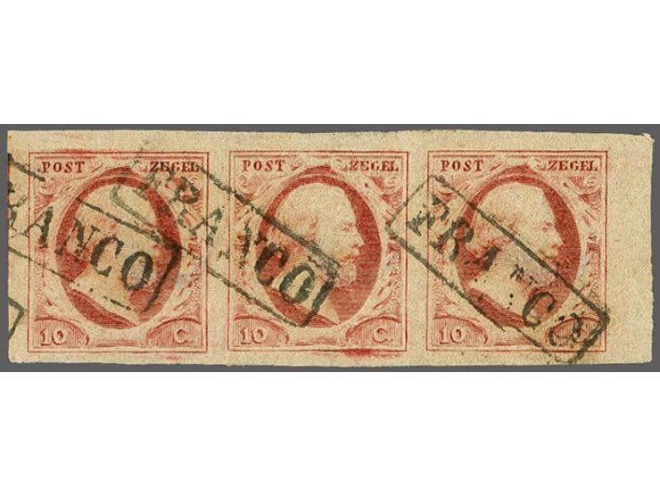 10 cent rood plaat X pos. 53-55 op dun papier in strip van 3 met velrand, zeer breedrandig luxe ex.