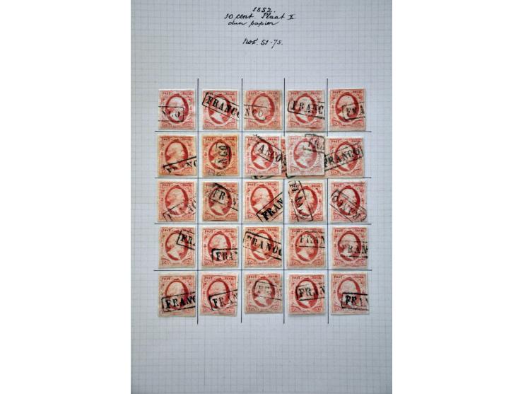 Complete plaatreconstructie van de 10 cent rood plaat X op dun papier w.b. strip van 3 in over het algemeen nette kwaliteit