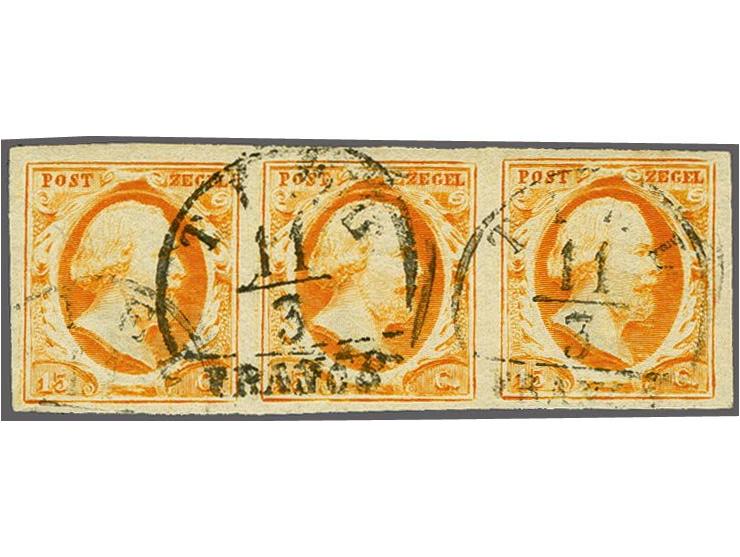 15 cent donkeroranje pos. 8-10 in strip van 3, pracht ex. (pos. 8 uitgestreken vouwtje)