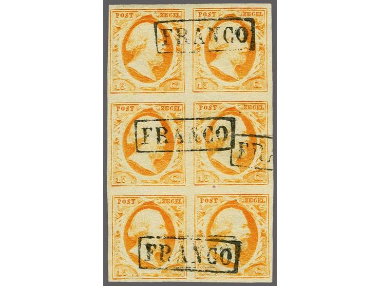 15 cent oranje pos. 54-55, 59-60 en 64-65 in blok van 6, pracht ex. Het Corinphila archief meldt slechts 4 gebruikte blokken 