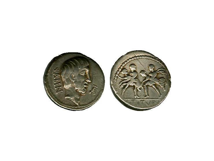 Republiek, L. Tituri L.F Sabinus AR denarius, head of king Tatius, rev. rape of the Sabine woman Seaby 263 ef