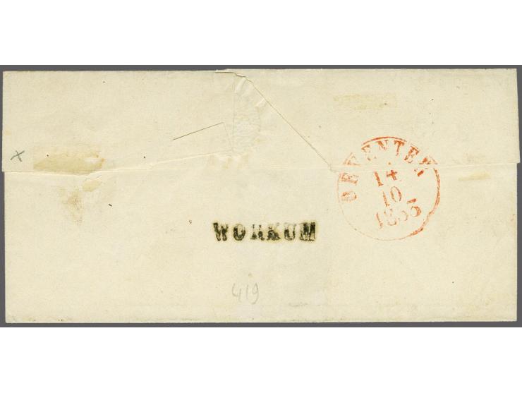 Bolsward B (Ey 175) op 10 cent karmijn plaat I pos. 18 op briefomslag van Workum (langstempel achterzijde) 15-10-1853 naar De