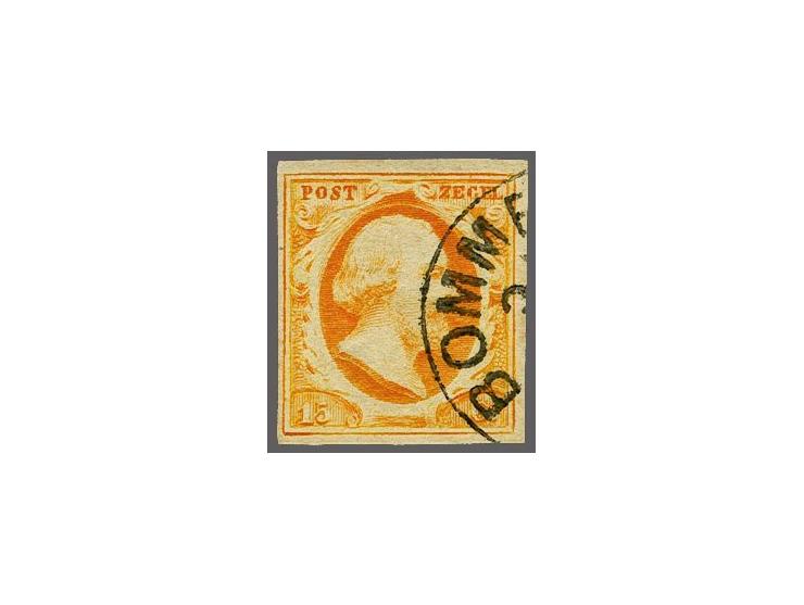 Bommel C (Ey RR) op 15 cent donkeroranje, vrijwel pracht ex. (rand links). Volgens het Corinphila-archief 9 afdrukken van dit