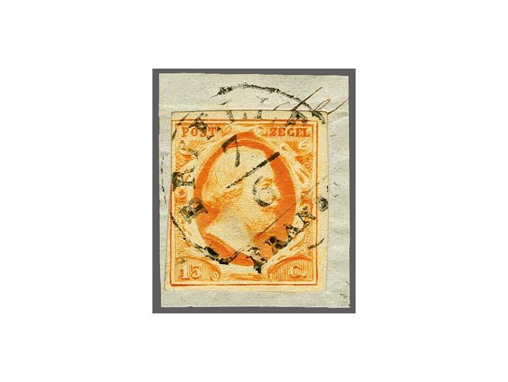 Brielle A (Ey RR) op 15 cent donkeroranje op fragment, fraai ex. (links miniem aangesneden). Het Corinphila-archief meldt 10 