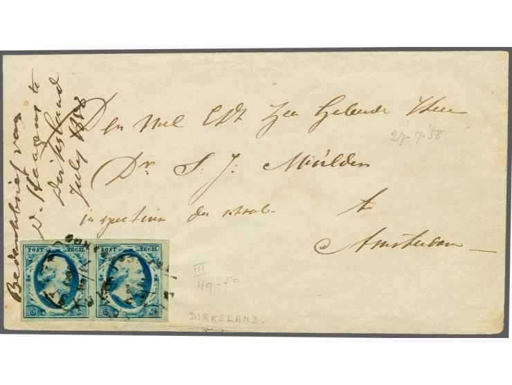 Dirksland A (Ey 300) op 5 cent blauw plaat III pos. 49-50 in paar op envelop 23-7-1858 naar Amsterdam, pracht ex.