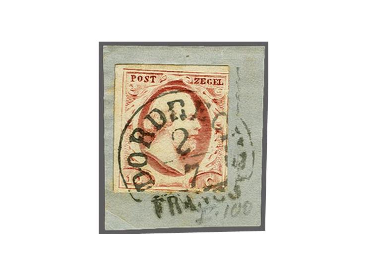 Dordrecht A (Ey R) op 10 cent karmijn plaat I pos. 100, fraai ex. (rechts en onder kort, doch niet aangesneden) op fragment. 