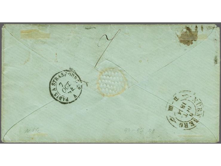 10 cent wijnrood pos. 93-97 in strip van 5 en los ex. pos. 98 op envelop van Soerabaja 23-8-1864 naar Neurenberg (D). Linksbo