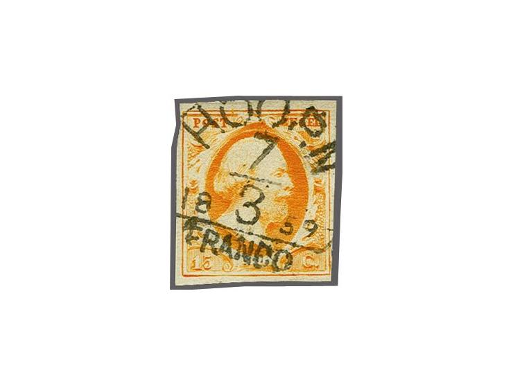 Hoorn C groot (Ey R) mooi op 15 cent donkeroranje, vrijwel pracht ex. (randen). Het Corinphila-archief meldt 11 afdrukken van