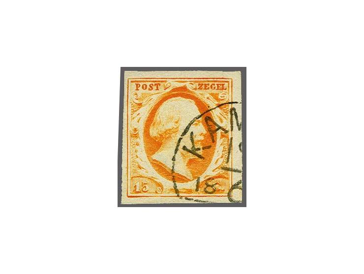 Kampen C (Ey R) deels op 15 cent donkeroranje, pracht ex. Het Corinphila-archief meldt 9 afdrukken van dit stempel op de 15 c