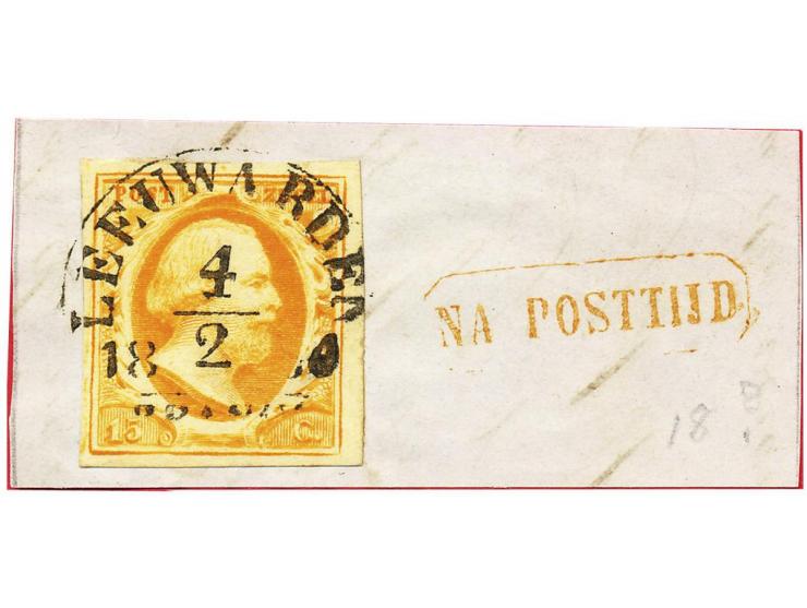 Leeuwarden B klein (Ey 200) luxe op 15 cent donkeroranje pos. 18 op fragment, pracht ex.