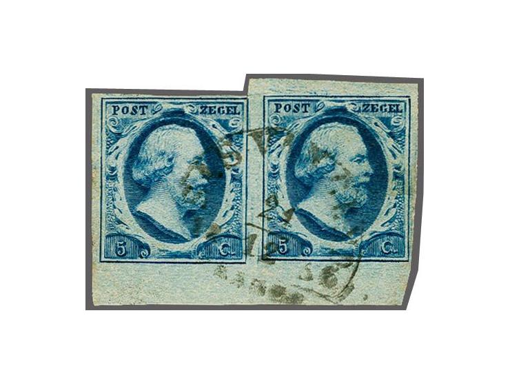 Sas van Gend B (Ey 600) volledig op 5 cent donkerblauw plaat III pos. 23-24 in paar met velrand, vrijwel pracht ex. (randen)
