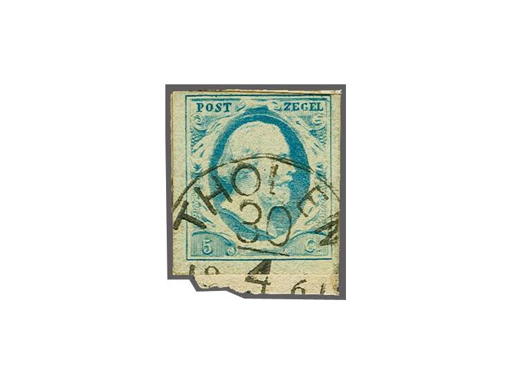 Tholen C (Ey 200) op 5 cent blauw plaat IV pos. 73 met velrand, pracht ex. Dit zegel is op 30-4-1861 tegen de voorschriften m