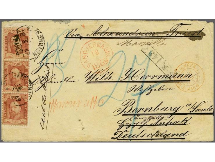 10 cent karmijnrood pos. 19/29/39 in verticale strip van 3 op envelop van Bandjermasin 18-5-1869 over Marseille naar Bernburg