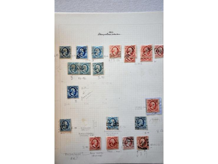 stempels, collectie ca. 60 ex. w.b. langstempels (o.a. Hoogeveen op nr. 1), gebroken cirkelstempels, rode en blauwe stempels 