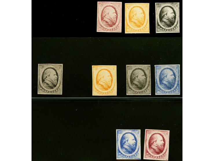 Definitieve proefdrukken van de 5 t/m 15 cent in diverse kleuren op dik wit kartonpapier, pracht ex.