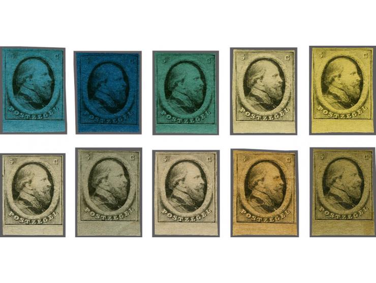 Definitieve proefdruk 5 cent ongetand in zwart op 10 verschillende kleuren papier, alle met velrand, pracht ex. In deze kwali