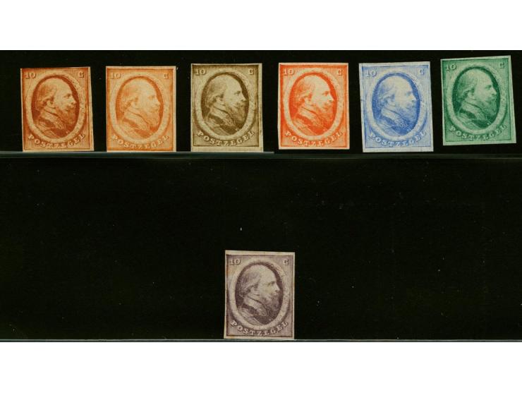Kleurproeven 10 cent in 7 verschillende kleuren op hard wit papier, pracht ex.