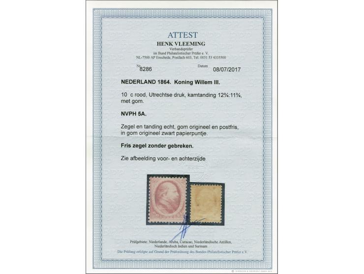 10 cent rood Utrechtse druk met certificaat Vleeming 2017: Zegel en tanding echt, gom origineel en postfris, in gom origineel