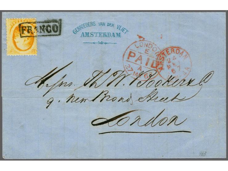 15 cent oranje op vouwbrief van Amsterdam 27-5-1867 naar Londen, pracht ex. Laat gebruik van het zegel!