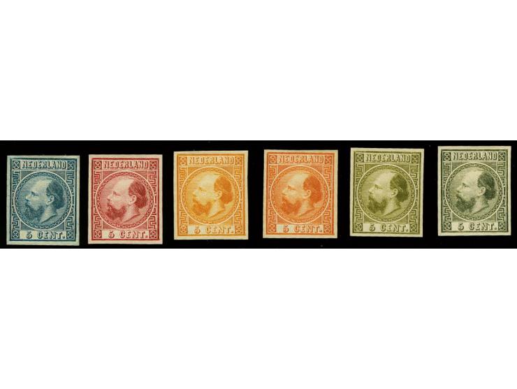 Ongetande kleurproeven van de 5 cent in type II door A.W. Sijthoff in 6 verschillende kleuren, pracht ex.
