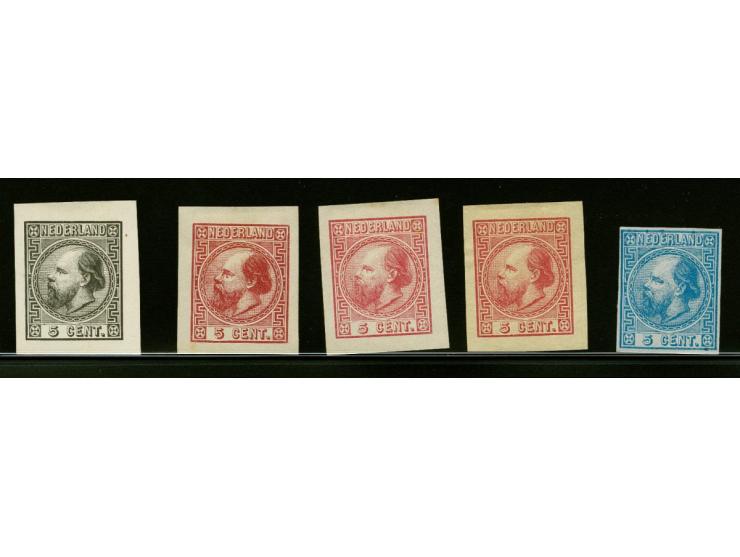 Kleurproeven van Oscar Berger-Levrault 5 cent zwart op dik wit papier, 5 cent karmijn op rose papier, 5 cent rood op rose pap