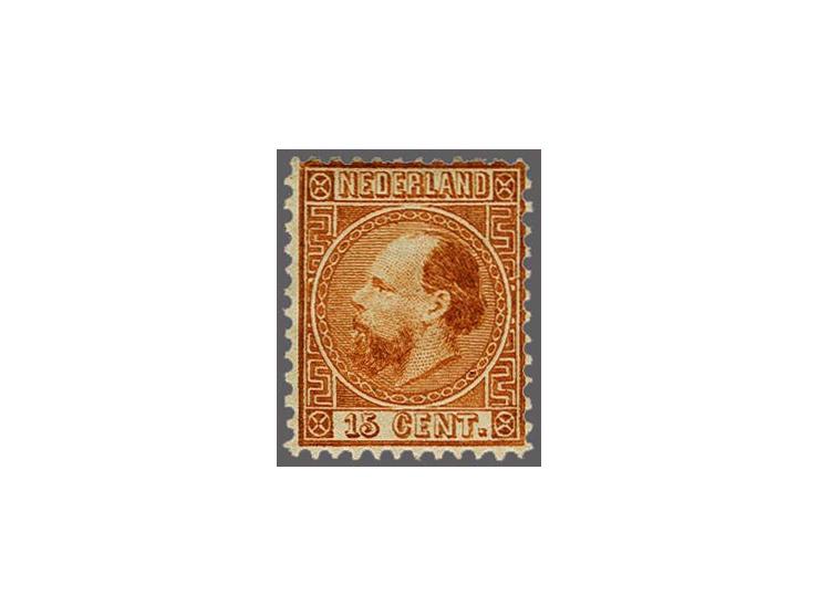 15 cent oranjebruin type I tanding 12¾ x 11¾, pracht ex. met certificaat Vleeming 2017: Zeer fris zegel zonder gebreken in mo