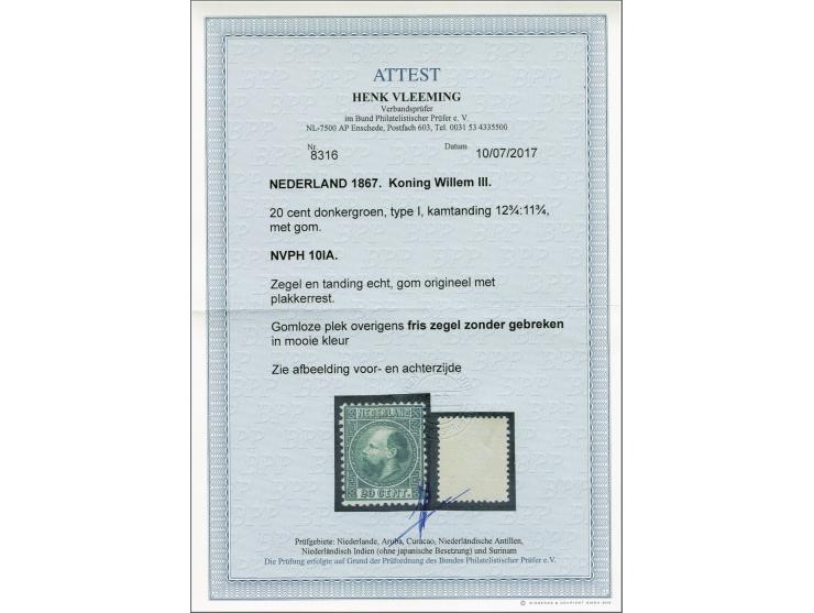 20 cent donkergroen type I tanding 12¾ x 11¾, pracht ex. met certificaat Vleeming 2017: Gomloze plek overigens fris zegel zon