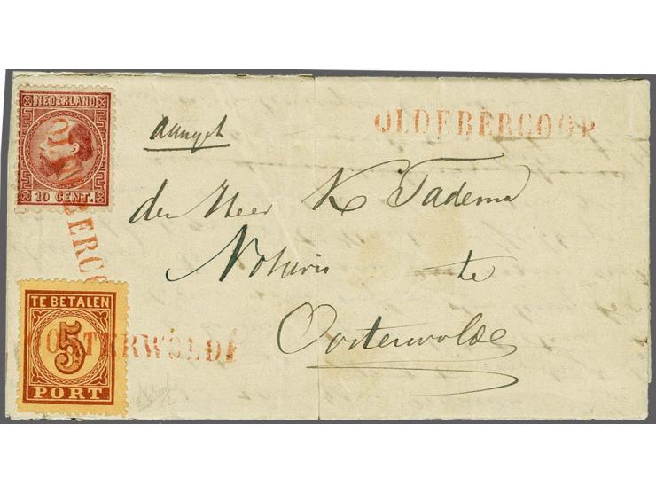 10 cent karmijn type II tanding 12¾ x 11¾ op ongedateerde vouwbrief van Oldebercoop (langstempel in rood) naar Oosterwolde al