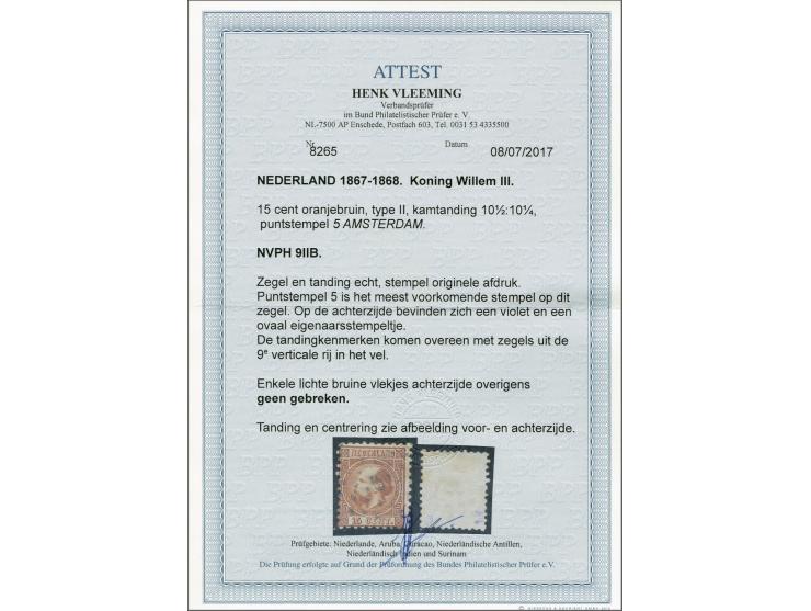 15 cent oranjebruin type II tanding 10½ x 10¼, pracht ex. (enkele minieme bruine vlekjes achterzijde) met certificaat Vleemin
