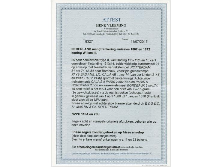 25 cent donkerviolet type II tanding 12¾ x 11¾ en emissie 1872 15 cent oranjebruin tanding 13¼ x 14 op envelop van Rotterdam 