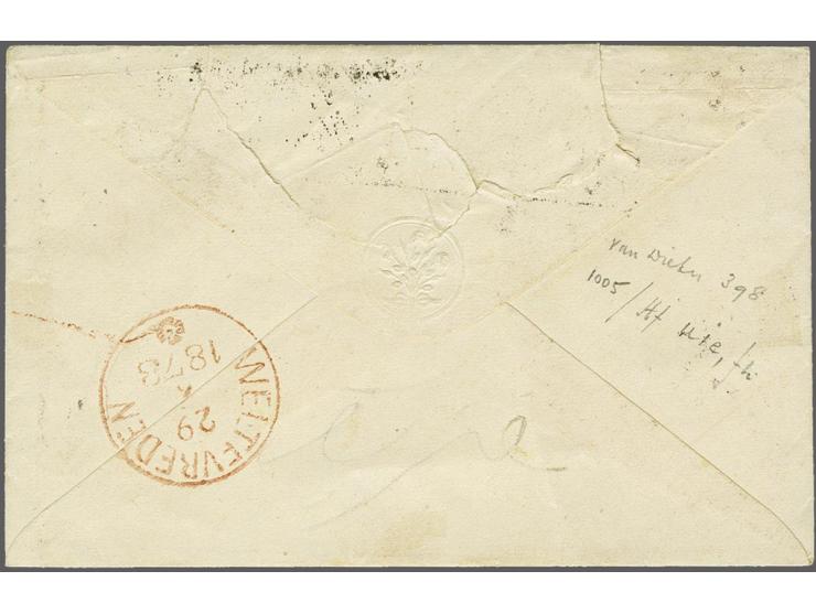 50 cent goudkleur type II tanding 12¾ x 11¾ en emissie 1872 10 cent rood tanding 11½ x 12 kleine gaten op kleinformaat envelo