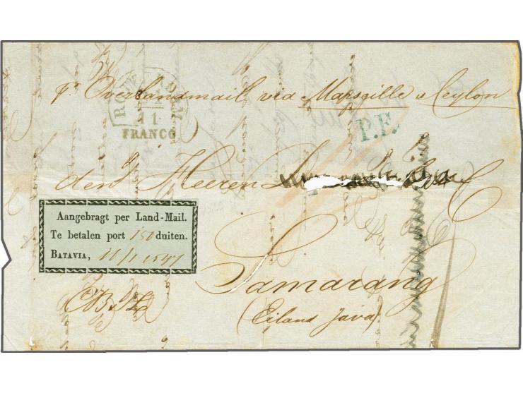 Landmailzegel met Te en Batavia recht onder elkaar en waarde-aangifte 150 duiten op briefvoorzijde van Rotterdam 21-11-1846 n