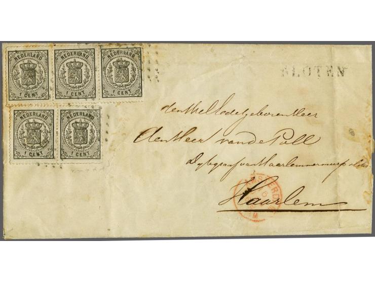 1 cent zwart in paar en in strip van 3 op briefomslag van Sloten (langstempel voorzijde) via Amsterdam 16-12-1869 (maandaandu