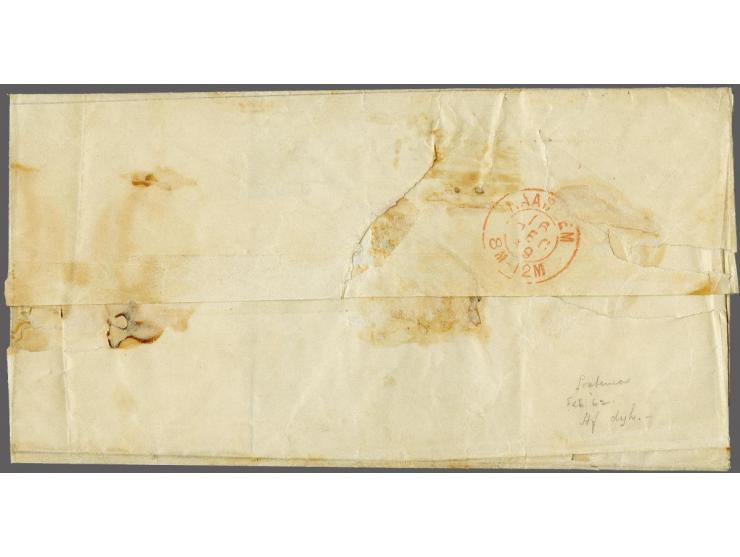 1 cent zwart in paar en in strip van 3 op briefomslag van Sloten (langstempel voorzijde) via Amsterdam 16-12-1869 (maandaandu