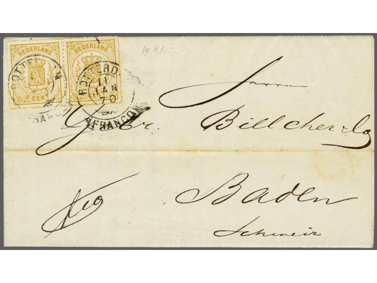2 cent bruingeel tanding 14 kleine gaten in paar op drukwerk van Rotterdam 11-1-1870 naar Baden (CH), fris pracht ex.