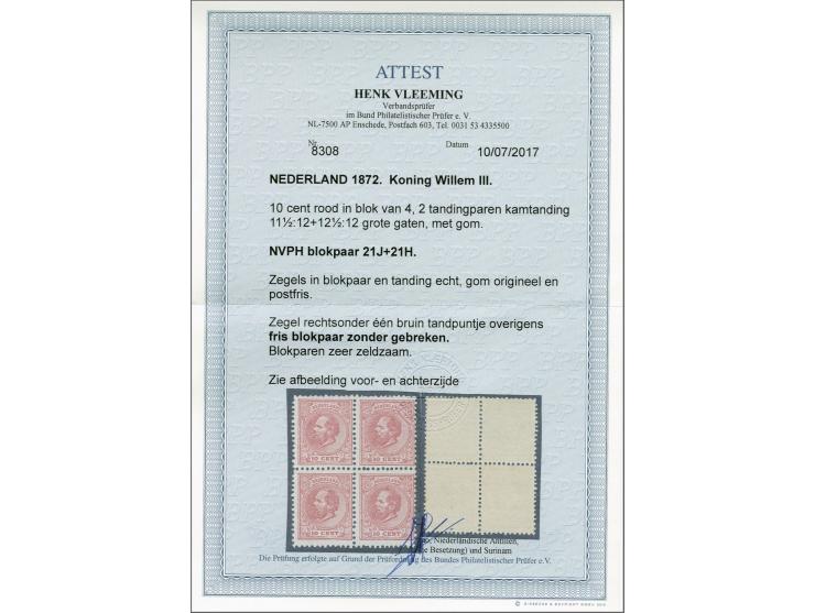 10 cent rood in gecombineerd tandingpaar 11½ x 12 en 12½ x 12 grote gaten in blok van 4 met certificaat Vleeming 2017: Zegel 