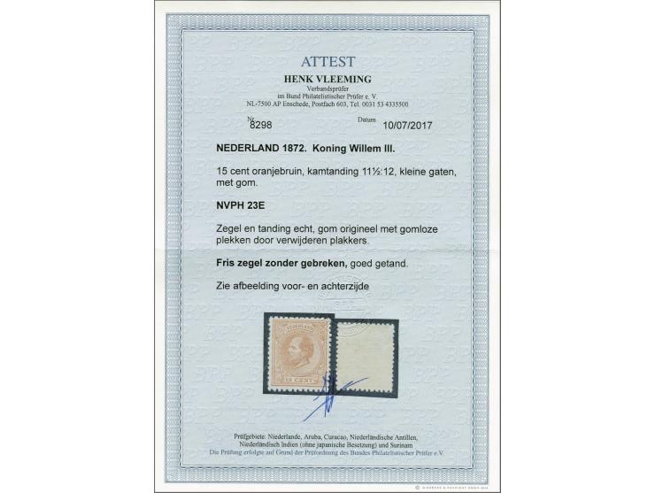 15 cent oranjebruin tanding 11½ x 12 kleine gaten, pracht ex. met certificaat Vleeming 2017, cat.w. 900