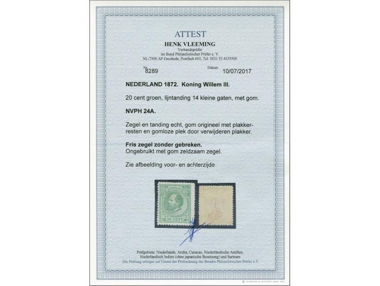20 cent groen tanding 14 kleine gaten, pracht ex. met certificaat Vleeming 2017, cat.w. 900. Ongebruikt een zeer zeldzaam zeg