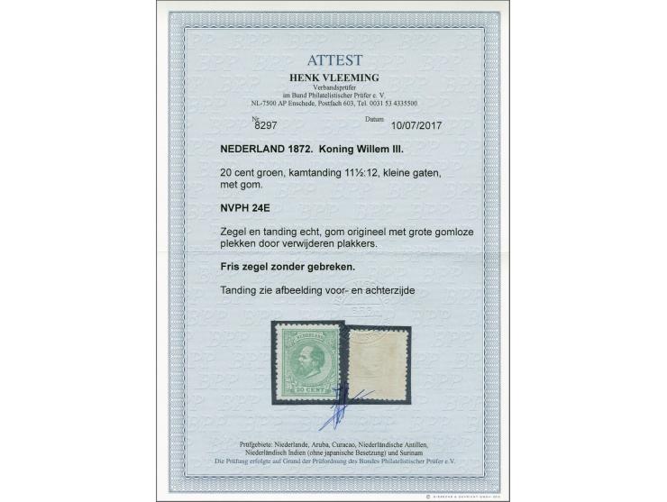 20 cent groen tanding 11½ x 12 kleine gaten, pracht ex. (enkele gomloze plekjes door verwijderen plakkers) met certificaat Vl