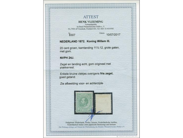 20 cent groen tanding 11½ x 12 grote gaten, pracht ex. (enkele miniem bruine vlekjes achterzijde) met certificaat Vleeming 20