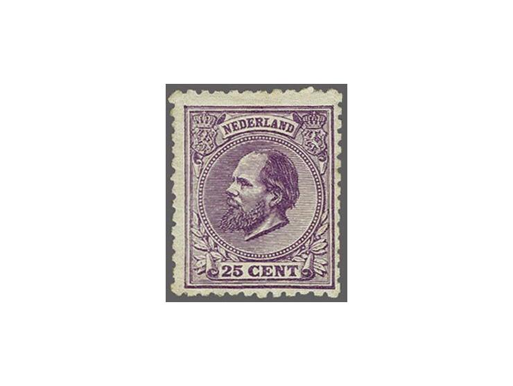 25 cent donkerviolet tanding 11½ x 12 kleine gaten, pracht ex. met certificaat Vleeming 2017, cat.w. 1200