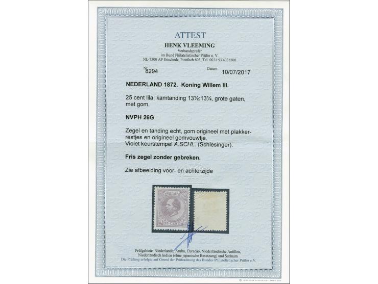 25 cent lila tanding 13½ x 13¼ grote gaten, pracht ex. met certificaat Vleeming 2017, cat.w. 1000