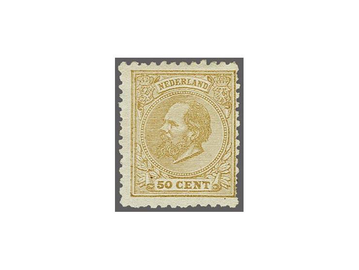 50 cent geelbruin tanding 11½ x 12 kleine gaten, pracht ex. zonder gom met certificaat Vleeming 2017, Ongebruikt een zeer zel