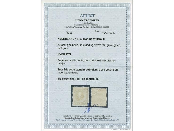50 cent geelbruin tanding 13½ x 13¼ grote gaten, pracht ex. met certificaat Vleeming 2017: Zeer fris zegel zonder gebreken, g