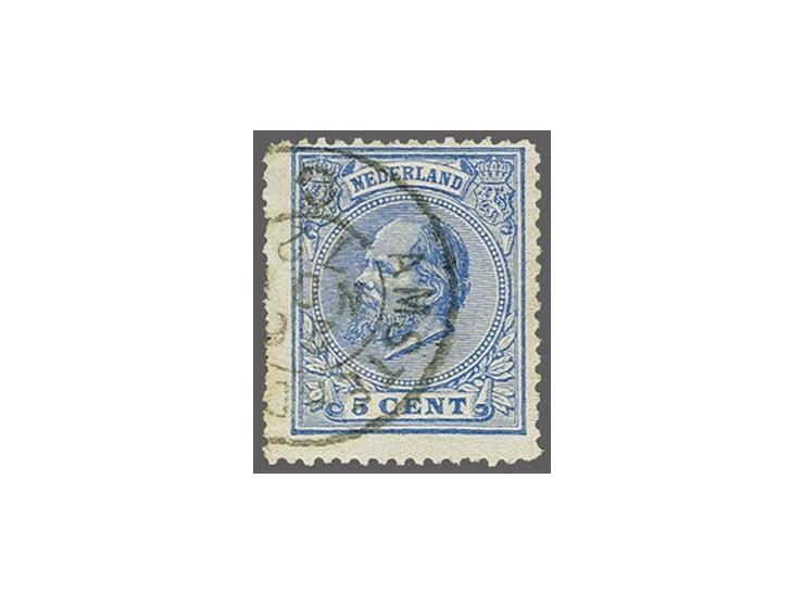 5 cent blauw tanding 14 kleine gaten met kleinrondstempel (!), pracht ex. (tanding links iets onregelmatig) gesigneerd Hekker