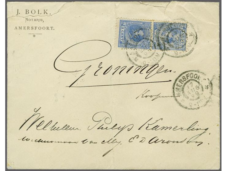 5 cent blauw tanding 11½ x 12 grote gaten en Hangend Haar 5 cent blauw op envelop van Amersfoort 17-8-1899 naar Groningen, pr